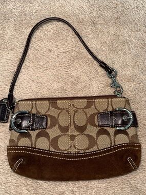 Coach Brown Signature Canvas Mini Wristlet with Suede Trim